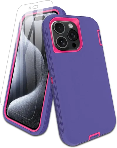 Vista 13 de Funda para iPhone 15 Pro con protector de pantalla de vidrio templado, protección contra caídas de 16 pies, con cubierta de puerto a prueba