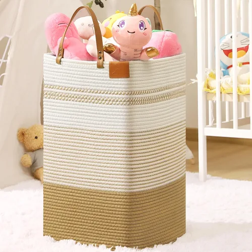 Vista 10 de Cesta grande de 79 L para ropa sucia, cesta tejida de algodón con asas, cesta de almacenamiento para ropa sucia en el baño, cesta decorativa