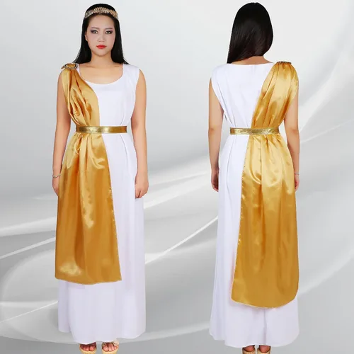 Vista 4 de Toga - Disfraz de diosa griega para mujer, mitología griega, disfraz de fiesta para adultos, con diadema, cinturón, chal