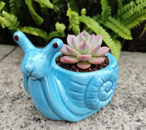 Vista 3 de Maceta de cerámica en forma de caracol animal - Decoración única y encantadora para el hogar (azul)