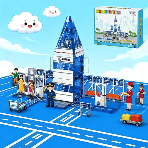 Vista 8 de AFUNX - Azulejos magnéticos, set de 54 piezas con tema de aeropuerto, bloques de construcción magnéticos y juguetes educativos STEM para niños