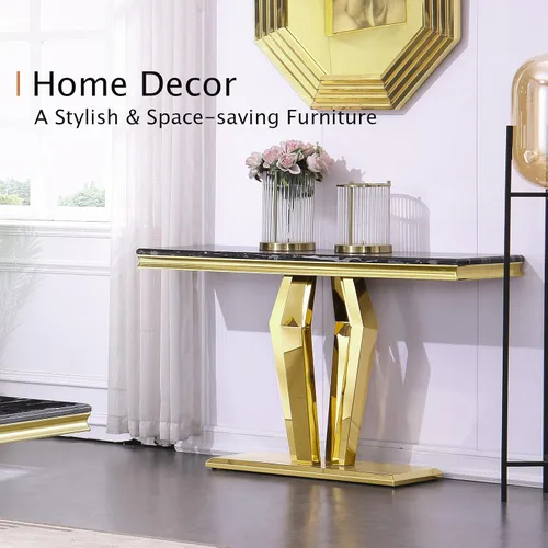 Vista 4 de ACEDCOR - Mesa consola moderna, mesa rectangular para sala de estar y entrada con base geométrica de espejo, negro dorado