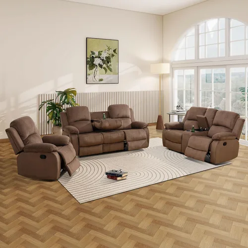 Vista 8 de Sofá reclinable manual, sofá reclinable con portavasos de 3 asientos, sofá de 3 asientos con mesa auxiliar desplegable para sala de estar, oficina