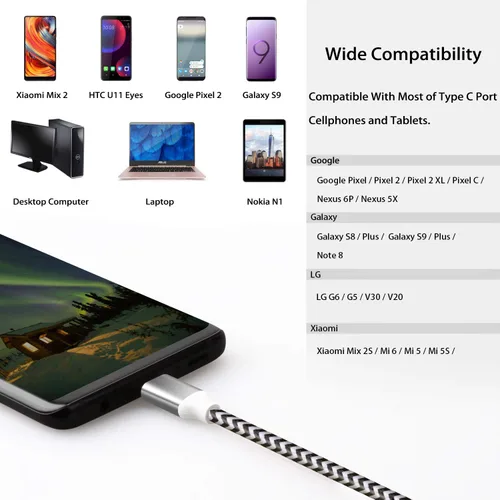 Vista 5 de Fasgear Cables USB C a USB A de 10 pies, paquete de 2, negro, blanco Carga rápida 3A, tipo C 2.0, trenzada, compatible con Galaxy S21 Plus Note 10