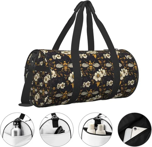 Vista 3 de Large Duffle Bag for Travel - Retro Floral Bee Yellow Print Gym Bag for Women Men, Travel Foldable Bags for Women Men with Zippered Multiple Pockets