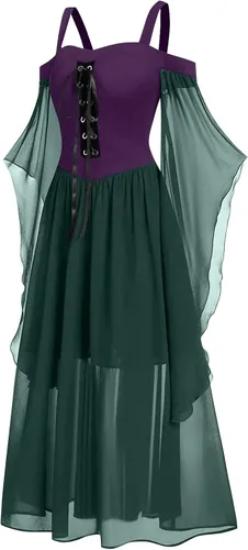 Vista 3 de Womens Renaissance Costume Cold Shoulder Butterfly Sleeve Dress Halloween Costumes Christmas Cosplay Party Dress