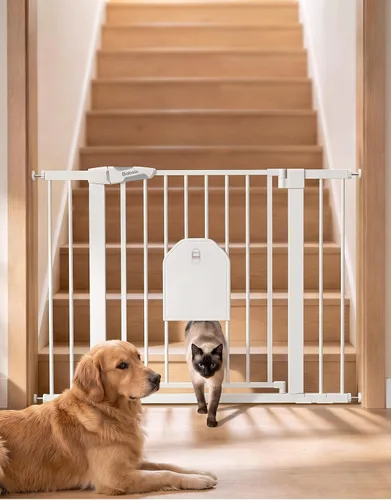 Vista 14 de Babelio - Puerta de seguridad con cierre automático para bebés con puerta para gatos, puerta de metal de 73-109 cm para puertas, escaleras, casa