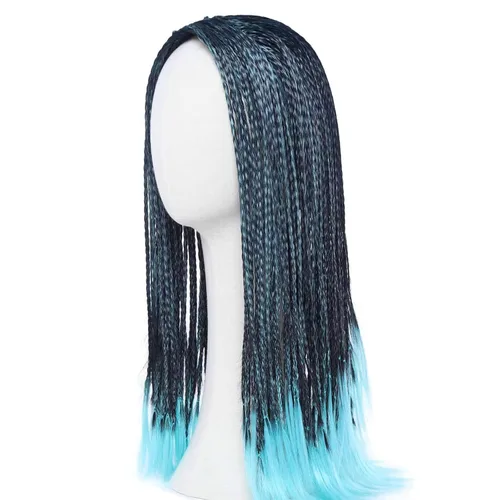 Vista 4 de Tembol Peluca de trenza larga para mujer, mezcla de color azul y negro, peluca de Halloween, cosplay, peluca de fiesta de disfraces de anime