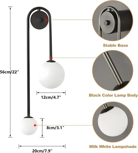 Vista 2 de Lámpara de Pared Moderna con Globo de Vidrio de 2 Luces, Aplique de Pared de Latón Doblemente Cepillado, Iluminación de Mediados de Siglo, Lámpara