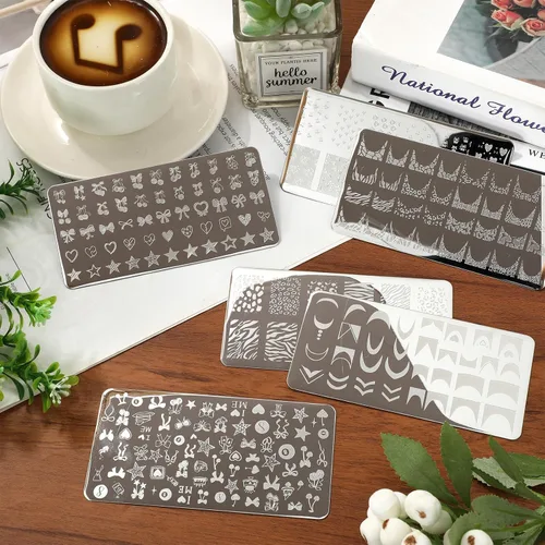 Vista 7 de Whaline Juego de 6 placas de estampado de uñas de guepardo y cerezas, arco de estrella de leopardo, cereza, placa de arte de uñas para bricolaje