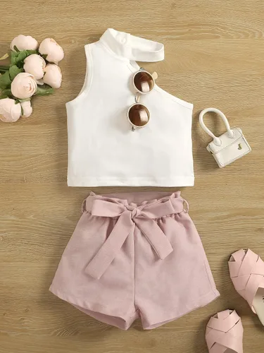 Vista 5 de SheIn Conjunto asimétrico de dos piezas para niña sin mangas y pantalones cortos