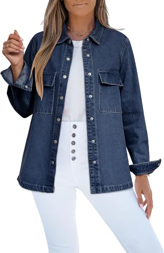 Vista 18 de Luvamia - Chaquetas de mezclilla para mujer 2025, moda de otoño, chaqueta de gran tamaño, abotonada, de mezclilla, chaqueta estilo western con azul