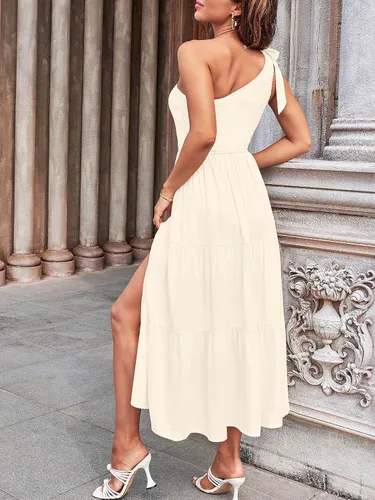 Vista 4 de MEROKEETY - Vestido de verano para mujer, sin mangas, por debajo de la rodilla, fruncido, escalonado, fluido, con un hombro, nudo y abertura