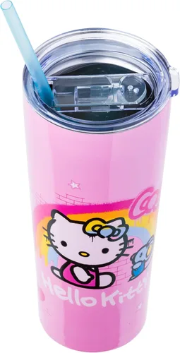 Vista 3 de Silver Buffalo Sanrio Hello Kitty Graffiti - Vaso de acero inoxidable de doble pared con popote con Hello Kitty y Joey, 22 onzas Rosa/Multi