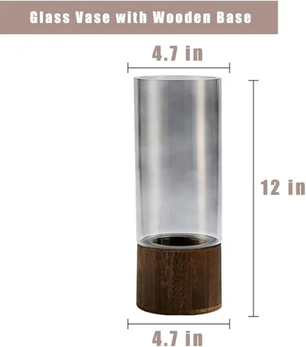 Vista 7 de Jarrón de vidrio artístico de madera, 12 pulgadas de alto, jarrón cilíndrico con base de madera grande, estilo rústico bohemio clásico