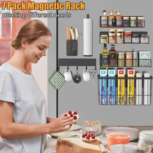 Vista 6 de Estante magnético para especias para refrigerador, paquete de 7 estantes magnéticos fuertes 100% de metal, organizador de especias con soporte