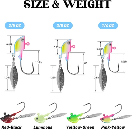 Vista 3 de Jig Heads anzuelos de pesca, 10 piezas de Walleye Jigs Spinner Baits Underspin Jig Heads con hoja de sauce colorido pintado resplandor plantillas