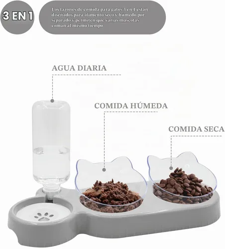 Vista 2 de Cuencos triples para gatos, alimentador de agua 3 en 1 y cuencos de comida con botella de agua automática, aptos para bigotes, platos de Plomo blanco