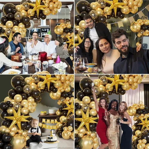 Vista 7 de Kit de arco de guirnalda de globos negros y dorados con globos de estrella en explosión, globos de látex de confeti de oro negro de 5/10/12/18