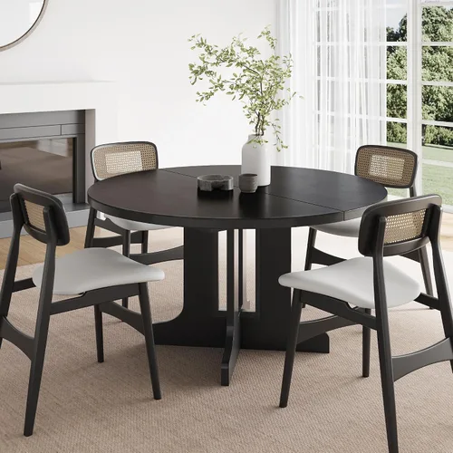Vista 8 de Feonase Mesa de comedor redonda extensible de 59 pulgadas para 4-6, moderna mesa de cocina ovalada con base de madera resistente, soporte de marco