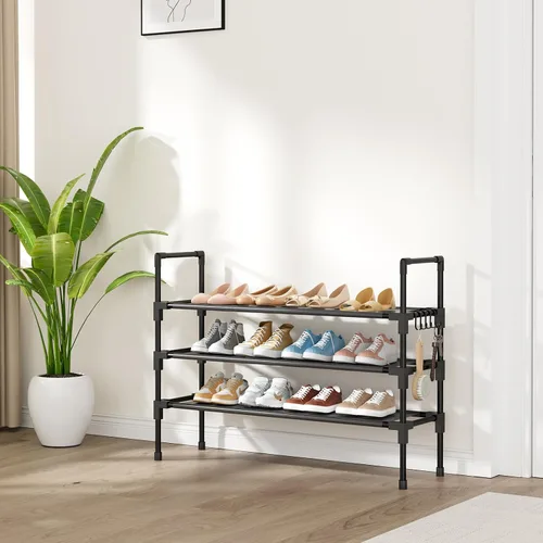 Vista 2 de Estante para zapatos de 3 niveles, organizador de almacenamiento para 16-20 pares de botas y zapatillas, estante vertical apilable con ganchos