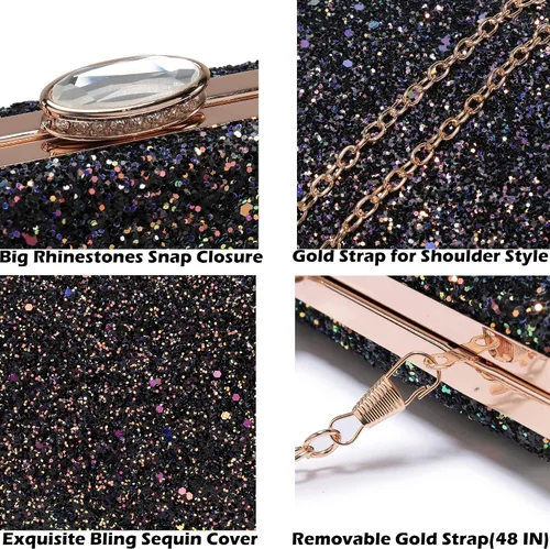 Vista 5 de CARIEDO Bolso de mano brillante para mujer, elegante bolsa de noche con purpurina para baile, boda, fiesta, graduación, novia, Decoración
