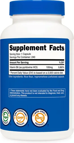 Vista 5 de Nutricost Vitamina B6 (Piridoxina HCl) 100 mg, 240 Cápsulas