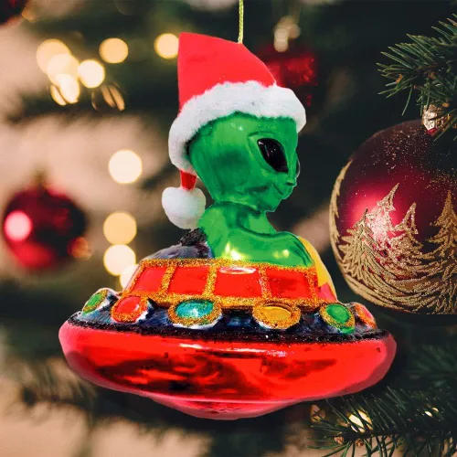 Vista 4 de Adorno de Navidad de vidrio de alienígena y OVNI