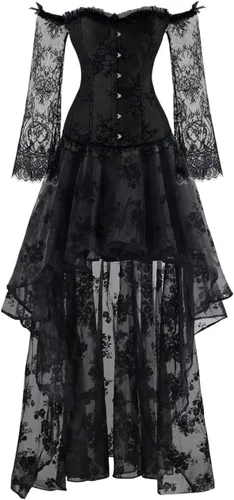 Vista 5 de Kimring Top Corsé Victoriano Steampunk con Hombros Descubiertos para Mujer con Falda de Largo Asimétrico Overbust, Long Sleeves, 12 Plastic Boned