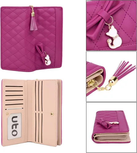 Vista 5 de UTO Cartera de piel sintética para mujer, de gran capacidad, colgante de gato, soporte para teléfono, organizador de chequera, con cremallera