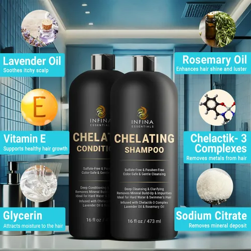 Vista 2 de INFINA ESSENTIALS Champú y acondicionador clarificante quelante para eliminación de agua dura y cloro 16 onzas líquidas Champú desintoxicante
