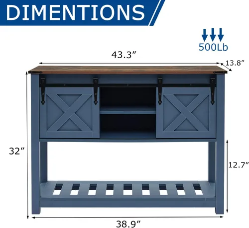 Vista 2 de Mesa de entrada azul de granja, mesa de pasillo rústica con estante de almacenamiento, mesa de sofá con puertas correderas de granero para pasillo