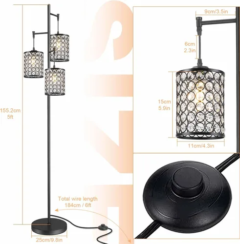 Vista 2 de YeLEEiNO - Lámparas de pie, moderna lámpara de pie de árbol de 3 luces para sala de estar, lámpara de pie de cristal con interruptor