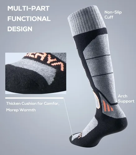 Vista 6 de Calcetines de lana de merino para esquí para hombres, mujeres y jóvenes - Calcetines térmicos de snowboard con amortiguación completa por encima