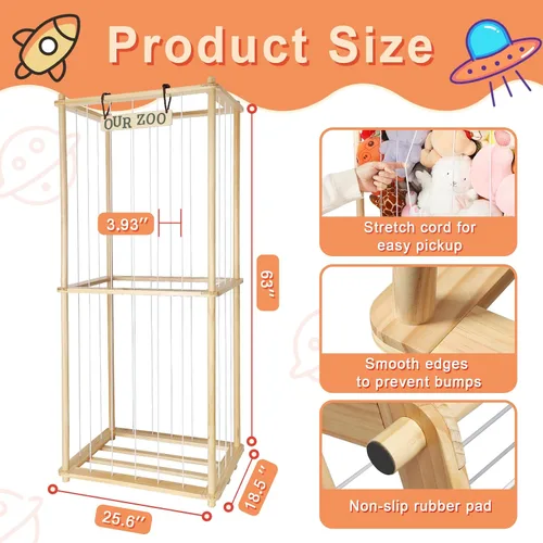 Vista 3 de Estante organizador grande de peluche de 63 pulgadas para niños, estante organizador de almacenamiento de felpa de madera con cordón elástico
