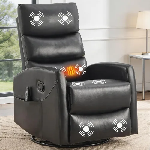 Vista 14 de Silla reclinable giratoria de 360° con masaje y calor, respaldo alto con relleno, silla mecedora tapizada para cuarto de bebé, sala de estar