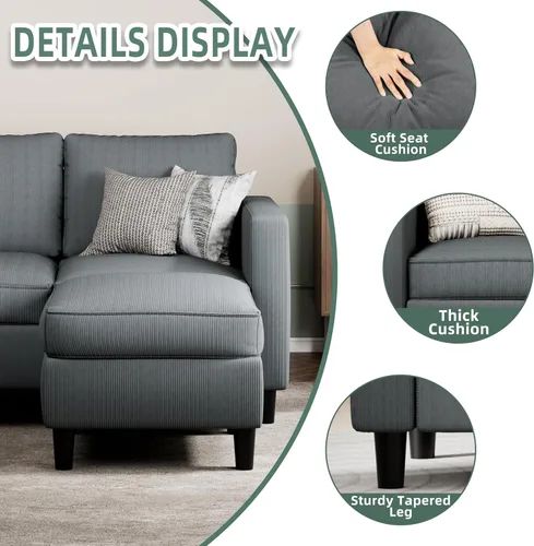 Vista 5 de SUNLEI L-Shaped Sectional Couch, Modern Grey Reversible Sectional Sofa with Reversible Ottoman, 3-Seat Sectional Couches for Living Room and