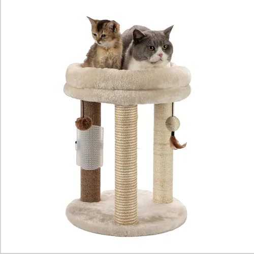 Vista 9 de MECOOL Árbol pequeño para gatos 4en1, poste rascador con torre, cama suave, alfombra de sisal, postes de yute con tres juguetes de bola colgante