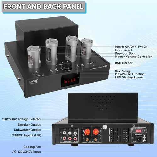 Vista 2 de Pyle Receptor Amplificador Bluetooth de Tubo - 500W Amplificador de Potencia de Tubo al Vacío Hi-Fi para Teatro en Casa Audio de Escritorio Estéreo