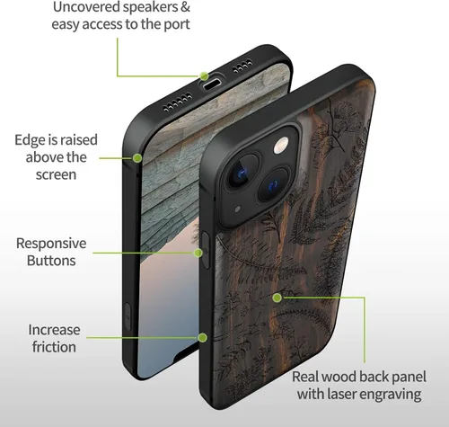 Vista 9 de Carveit Funda magnética de madera para iPhone 13 [madera real dura y TPU suave] funda protectora de madera única y elegante a prueba de golpes