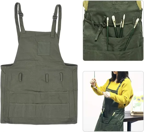 Vista 6 de Pilipane Painting Pottery Apron Artist Work Accessory with Pocket Durable Adjustable Canvas Apron for Painting Pottery Drawing Art Green