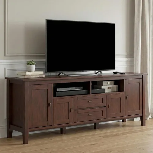 Vista 2 de SIMPLIHOME Warm Shaker - Soporte de TV de madera maciza de 72 pulgadas de Marrón rojizo
