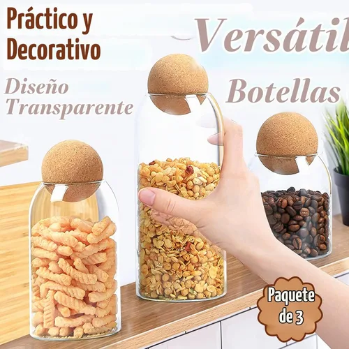 Vista 7 de SuproBarware 3 tarros de vidrio con bola redonda de corcho, botellas de vidrio transparente de corcho con recipientes de vidrio de corcho