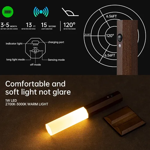 Vista 3 de Apliques de pared recargables, luz nocturna con sensor de movimiento, luz de pared con batería para enchufar a la iluminación de pared para pasillo