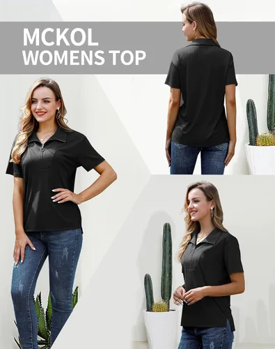 Vista 2 de MCKOL Blusa de manga corta con cremallera y ajuste holgado para mujer, estilo casual, con cuello