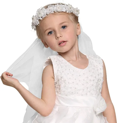 Vista 3 de Bienvenu Primera Comunión Flor Niña Arco Bordado Velo De Boda Dos Capas, Blanco
