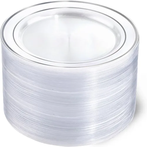 Vista 15 de I00000 60pcs 7" platos de postre de plástico de oro transparente, platos de Platos de plástico transparente con borde dorado, platos desechables