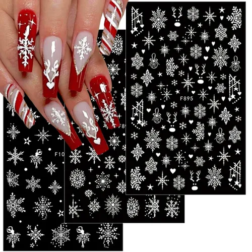 Vista 2 de 10 hojas de calcomanías de uñas de Navidad 3D con copo de nieve - Diseño de purpurina autoadhesiva blanca, decoraciones de invierno para Navidad