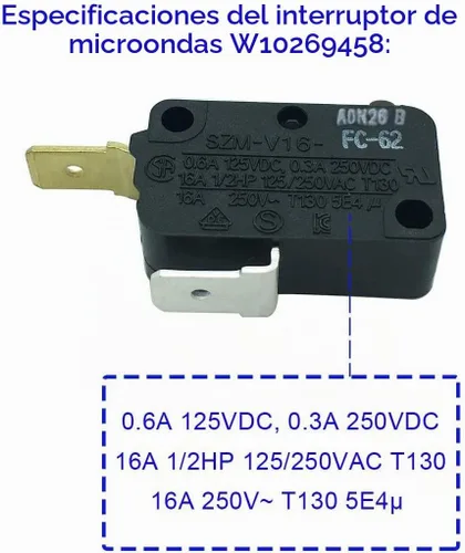 Vista 3 de LONYE SZM-V16-FC-62 W10269458 Reemplazo del interruptor de puerta de microondas para microondas Whirlpool AP4429884 PS23611111 (normalmente cerrado)
