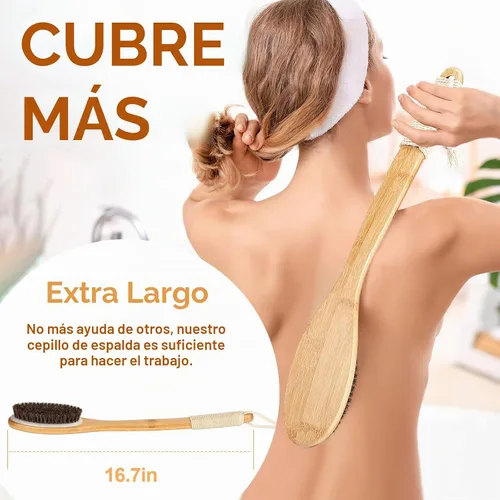 Vista 2 de eaxun Cepillo de ducha de bambú con mango largo curvado, exfoliante de espalda de 16.7 pulgadas con cerdas naturales para hombres y mujeres